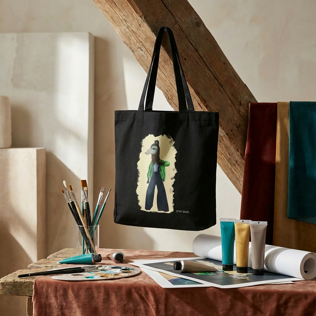 Schwarze Tote Bag mit Illustration in einem Künstleratelier – JUPek Studio Kunstkollektion