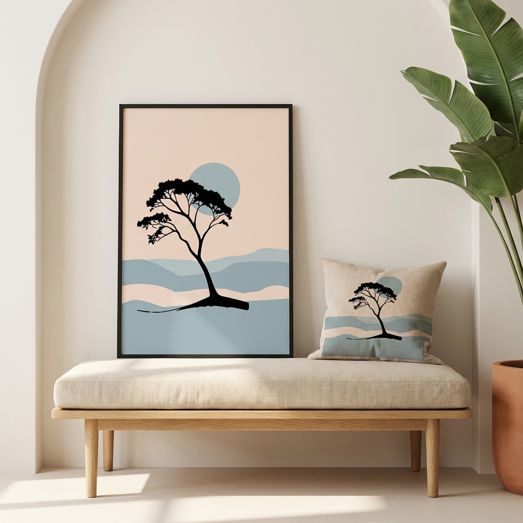 Minimalistische Japandi Wandkunst mit Baumillustration und Landschaft – Poster und Kunstdruck Kollektion von JUPek Studio