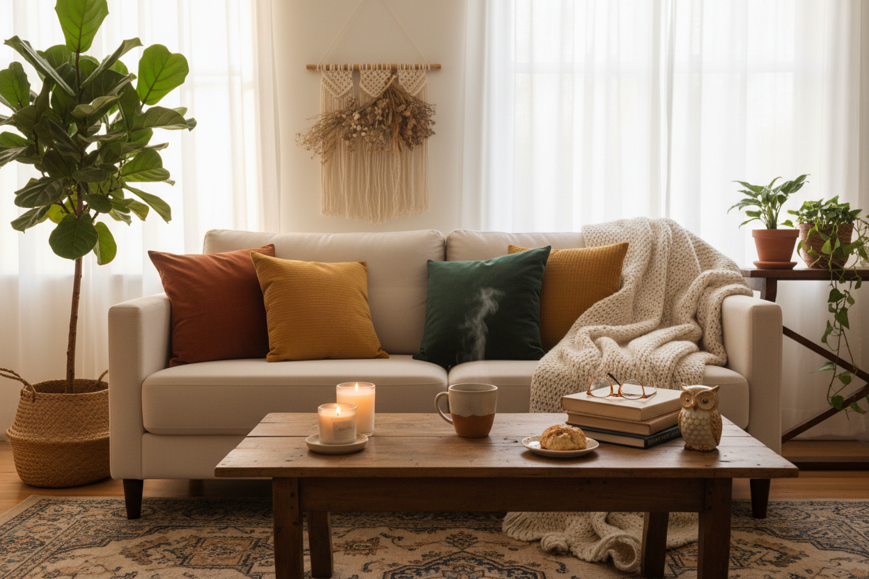 Gemütliches Wohnzimmer mit Sofa, Pflanzen, Kerzlicht und Couchtisch in warmen Naturtönen