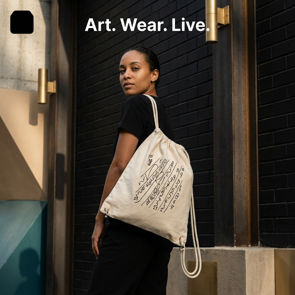 Model trägt eine Organic Gym Bag mit grafischem Zahlenmotiv im modernen Artwear-Look von JUPek Studio.