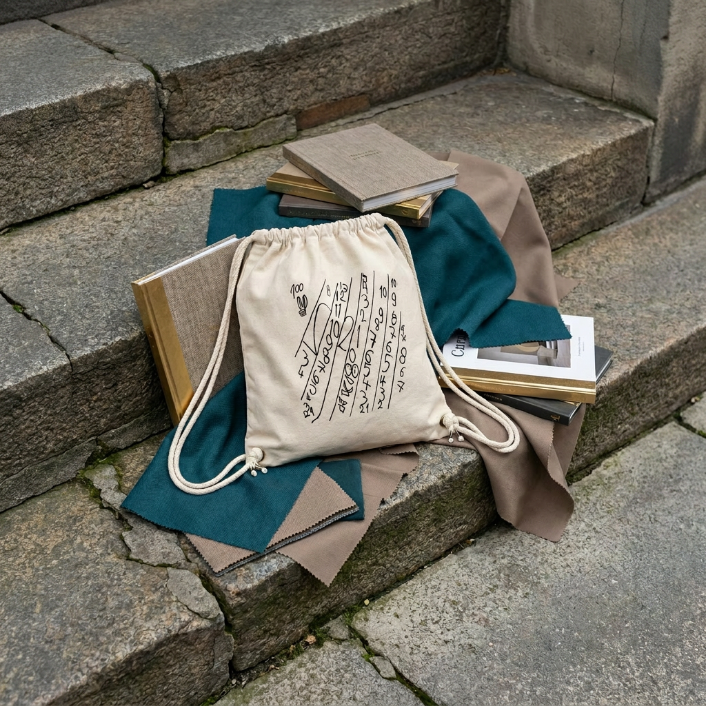 Beige Gym Bag mit illustrativem Zahlenmotiv auf Steinstufen in modernem Lifestyle-Setting.
