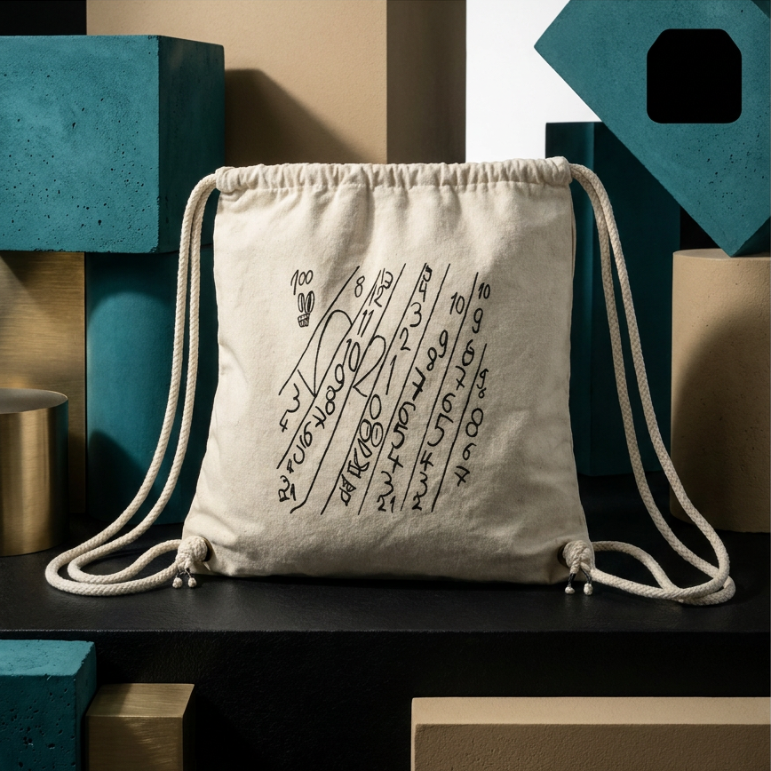 Organic Gym Bag mit abstraktem Zahlenmotiv in modernem Studio-Setup mit geometrischen Formen und warmem Licht.
