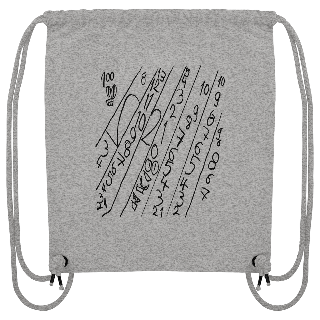 Graue Organic Gym Bag mit grafischem Zahlenmotiv und abstrakten Linien im modernen Sketch-Stil.