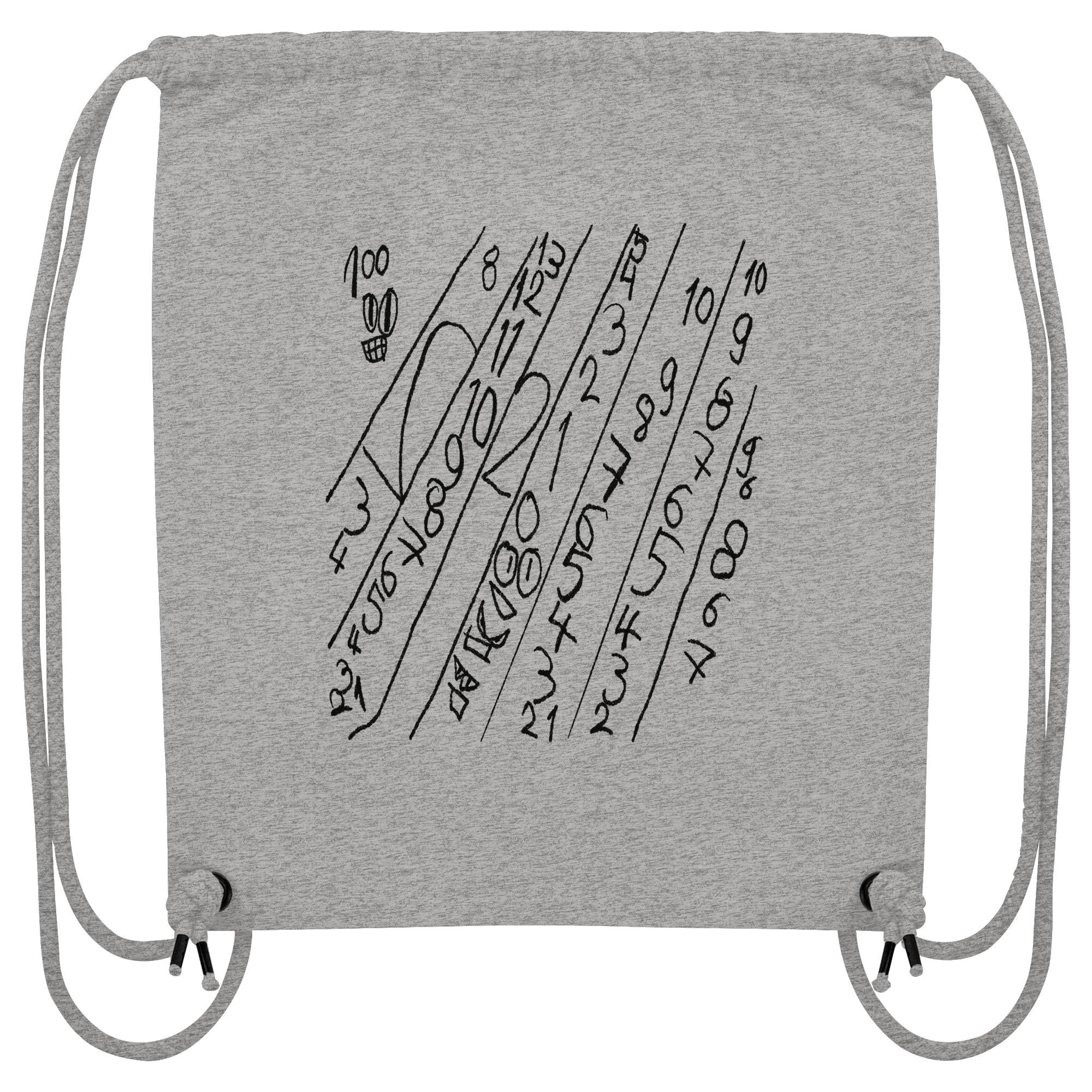 Graue Organic Gym Bag mit grafischem Zahlenmotiv und abstrakten Linien im modernen Sketch-Stil.