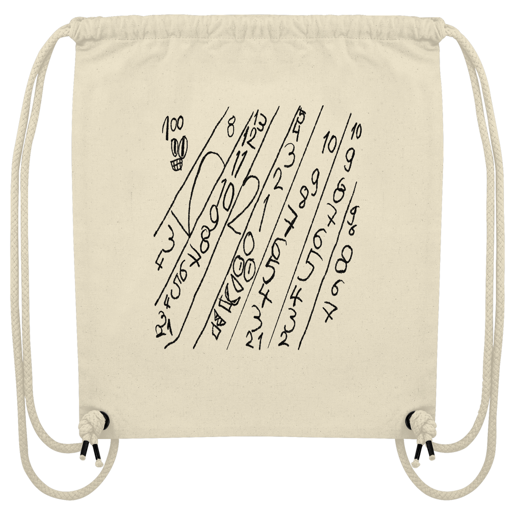 Beige Organic Gym Bag mit abstraktem Zahlenmotiv im handgezeichneten Schwarz-Weiß-Stil von JUPek Studio.