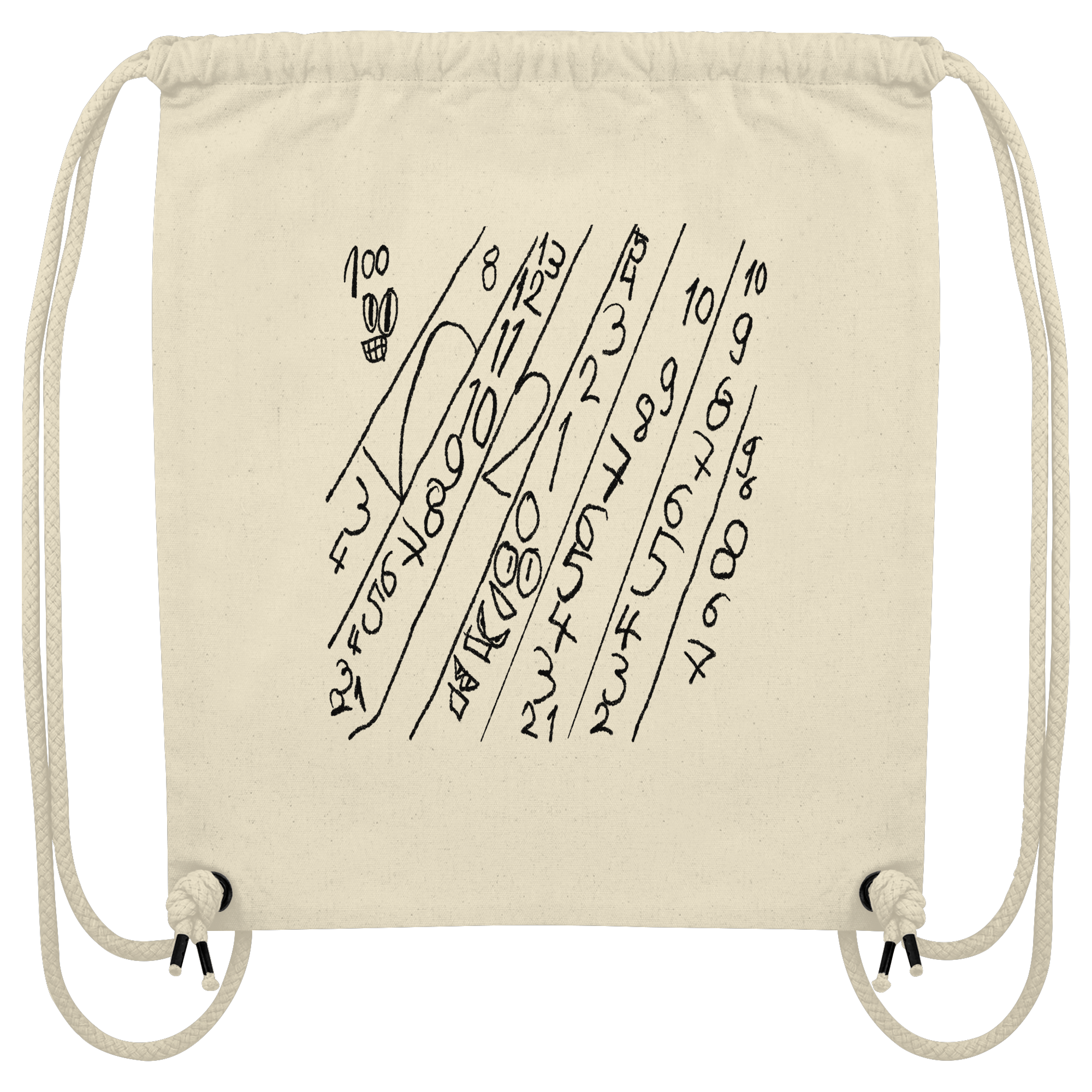 Beige Organic Gym Bag mit abstraktem Zahlenmotiv im handgezeichneten Schwarz-Weiß-Stil von JUPek Studio.