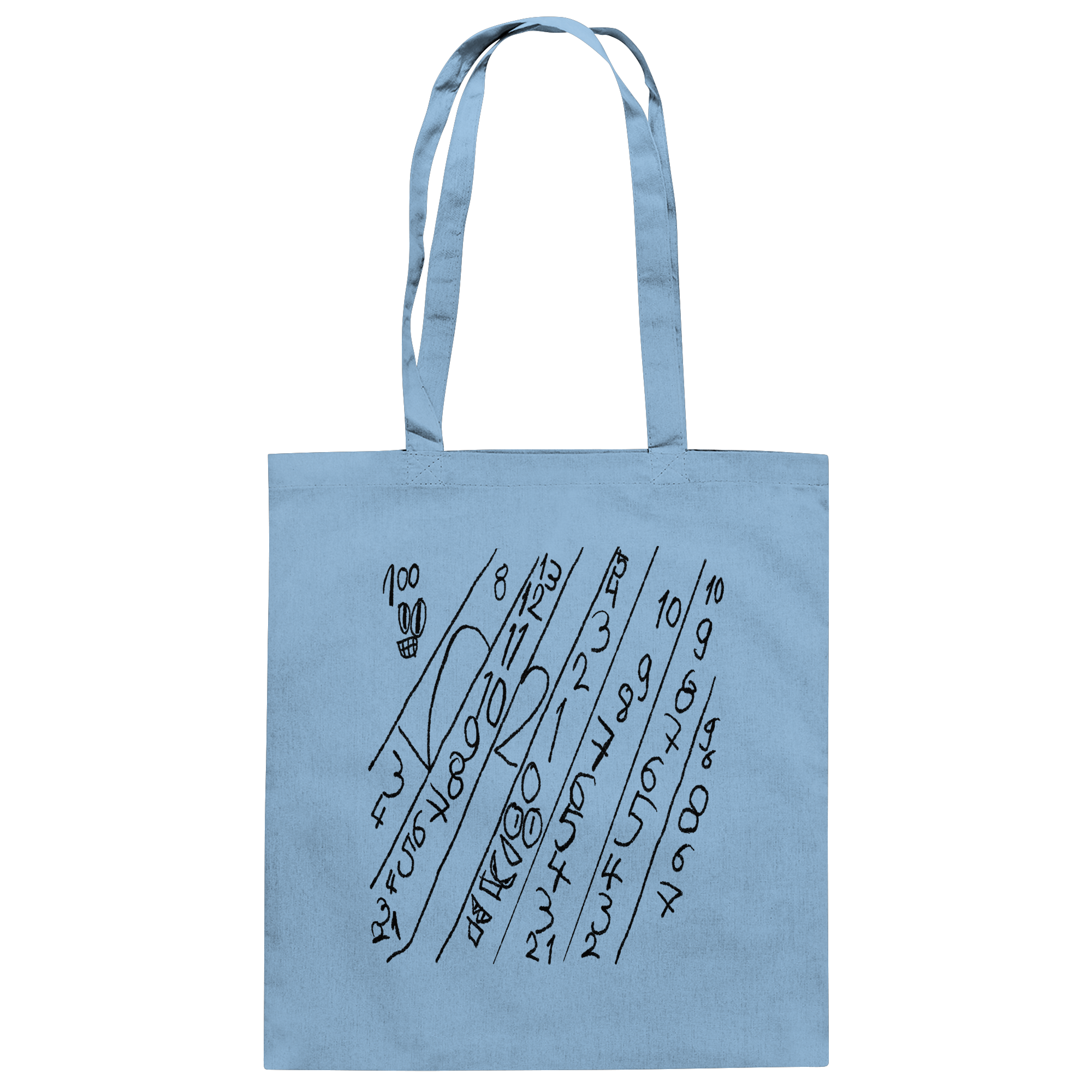 Blaue Organic Tote Bag mit abstraktem Zahlenmotiv im modernen illustrativen Stil.