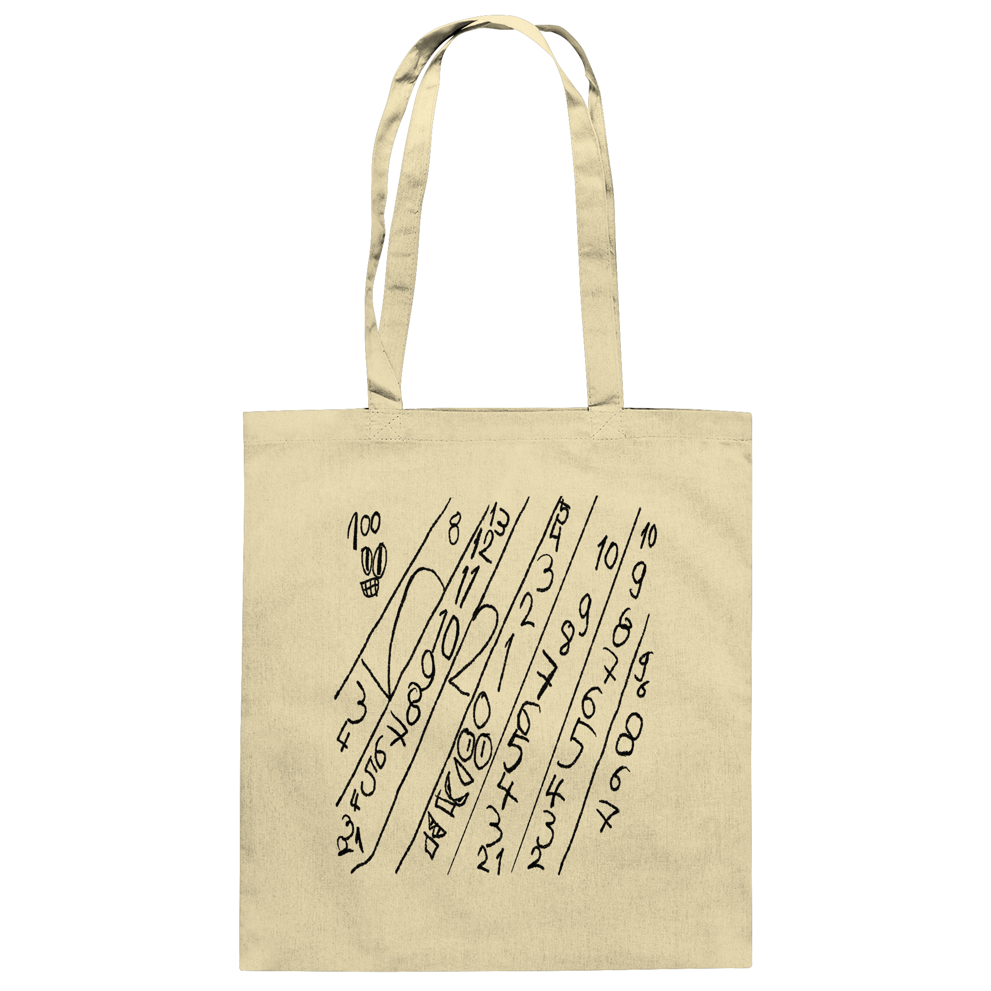 Naturfarbene Organic Tote Bag mit handgezeichnetem Zahlenmotiv und reduziertem Grafikdesign von JUPek Studio.