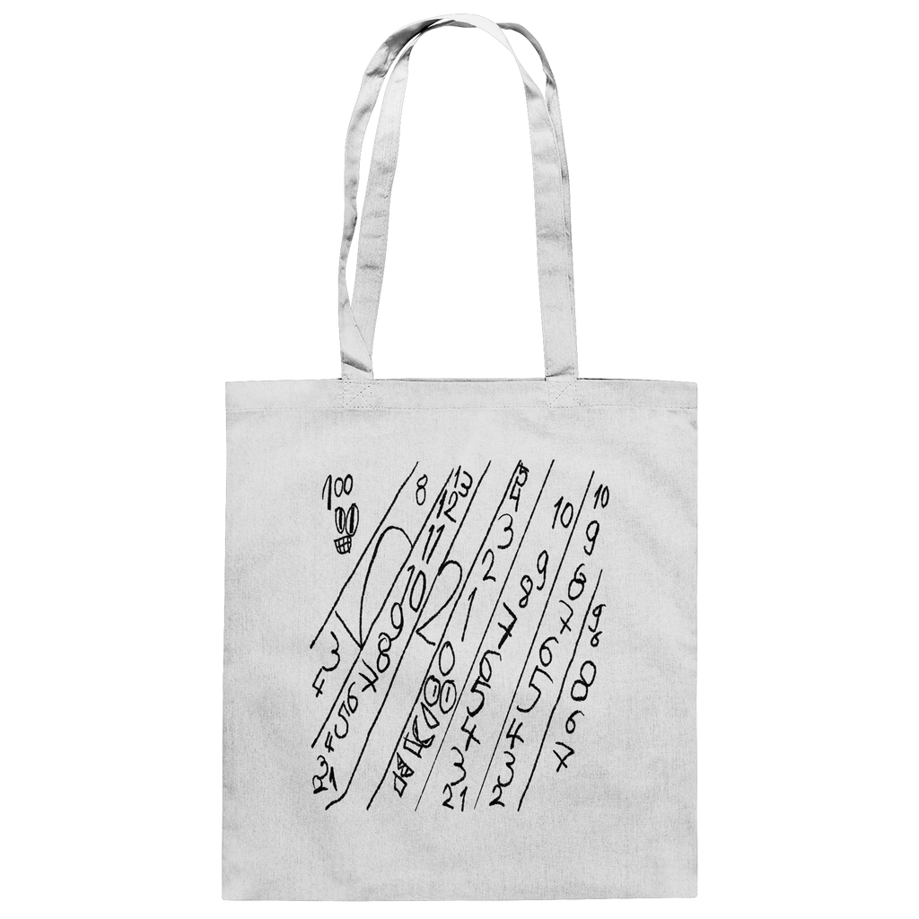 Weiße Organic Tote Bag mit handgezeichnetem Zahlenmotiv im minimalistischen Schwarz-Weiß-Stil von JUPek Studio.
