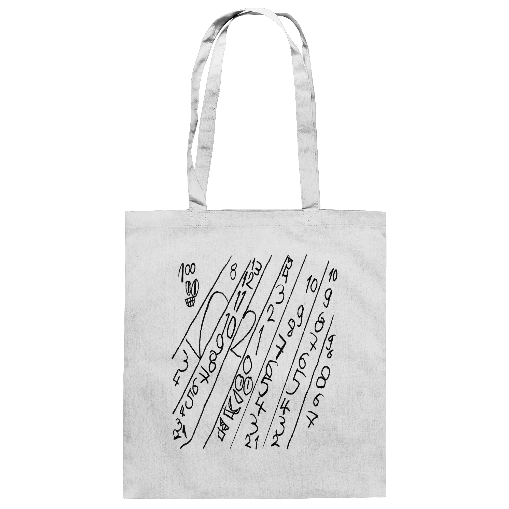 Weiße Organic Tote Bag mit handgezeichnetem Zahlenmotiv im minimalistischen Schwarz-Weiß-Stil von JUPek Studio.