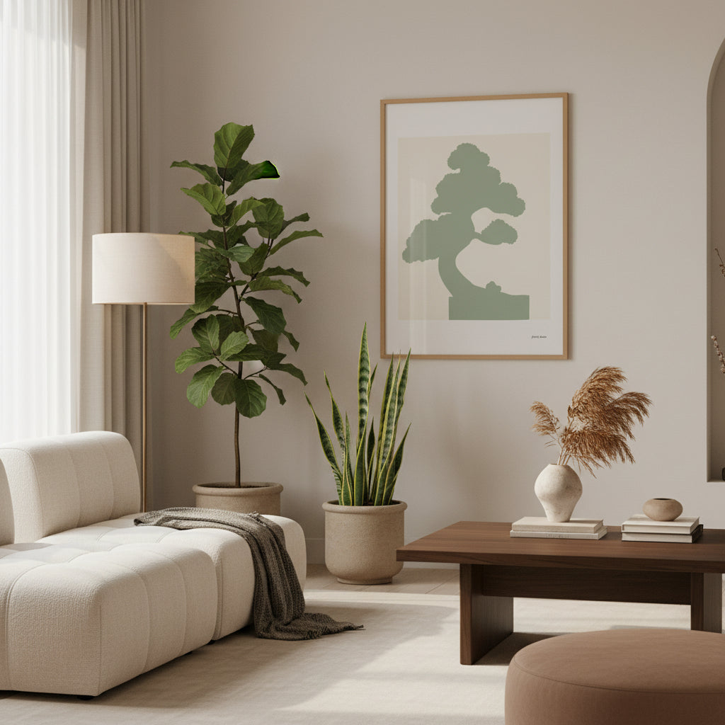 Minimalistisches Japandi Poster „Silent Pine“ mit Bonsai-Illustration im Holzrahmen, moderne Wanddeko im Wohnzimmer