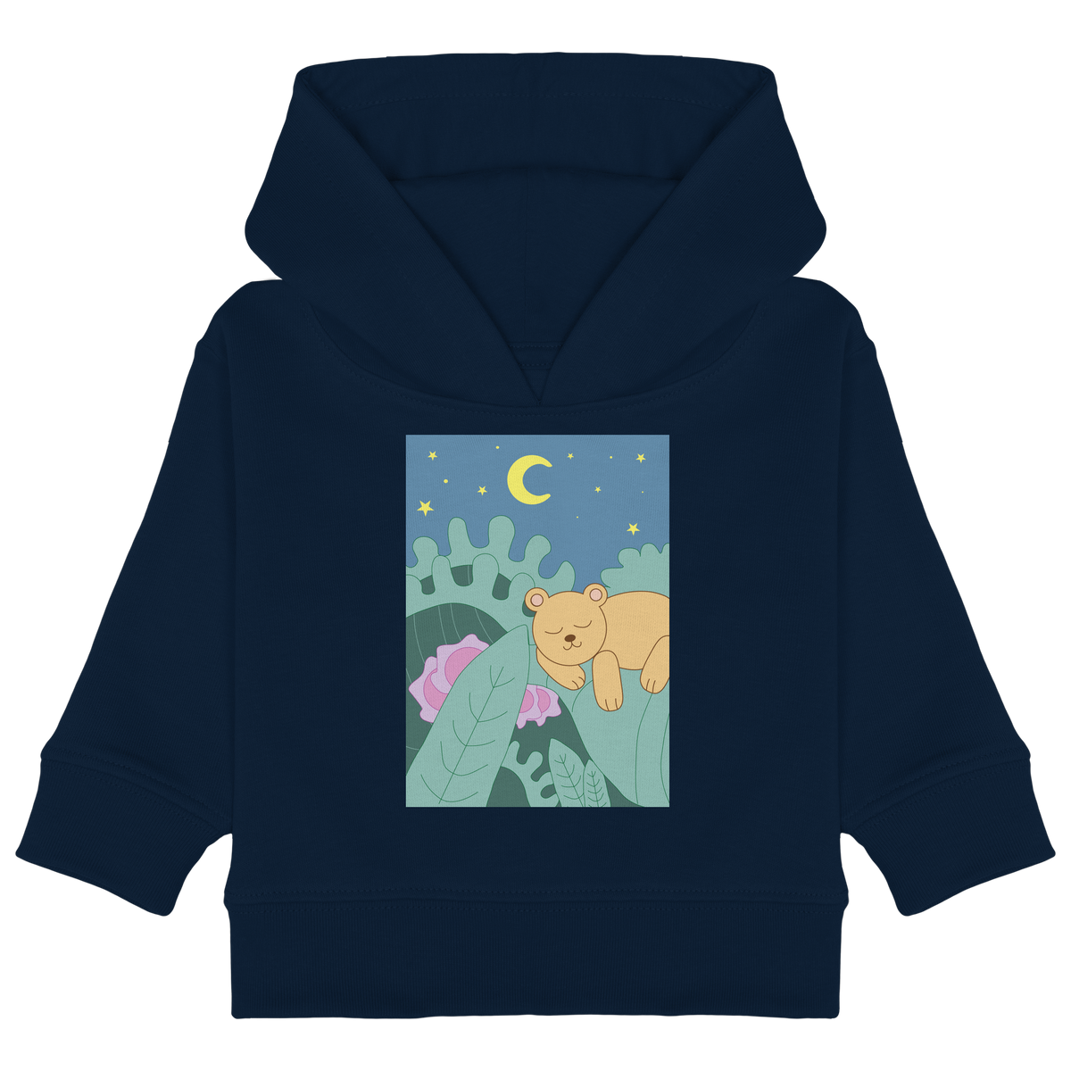Dunkelblaues Baby Bio-Hoodie mit schlafendem Bärchen unter Sternen von JUPek Studio