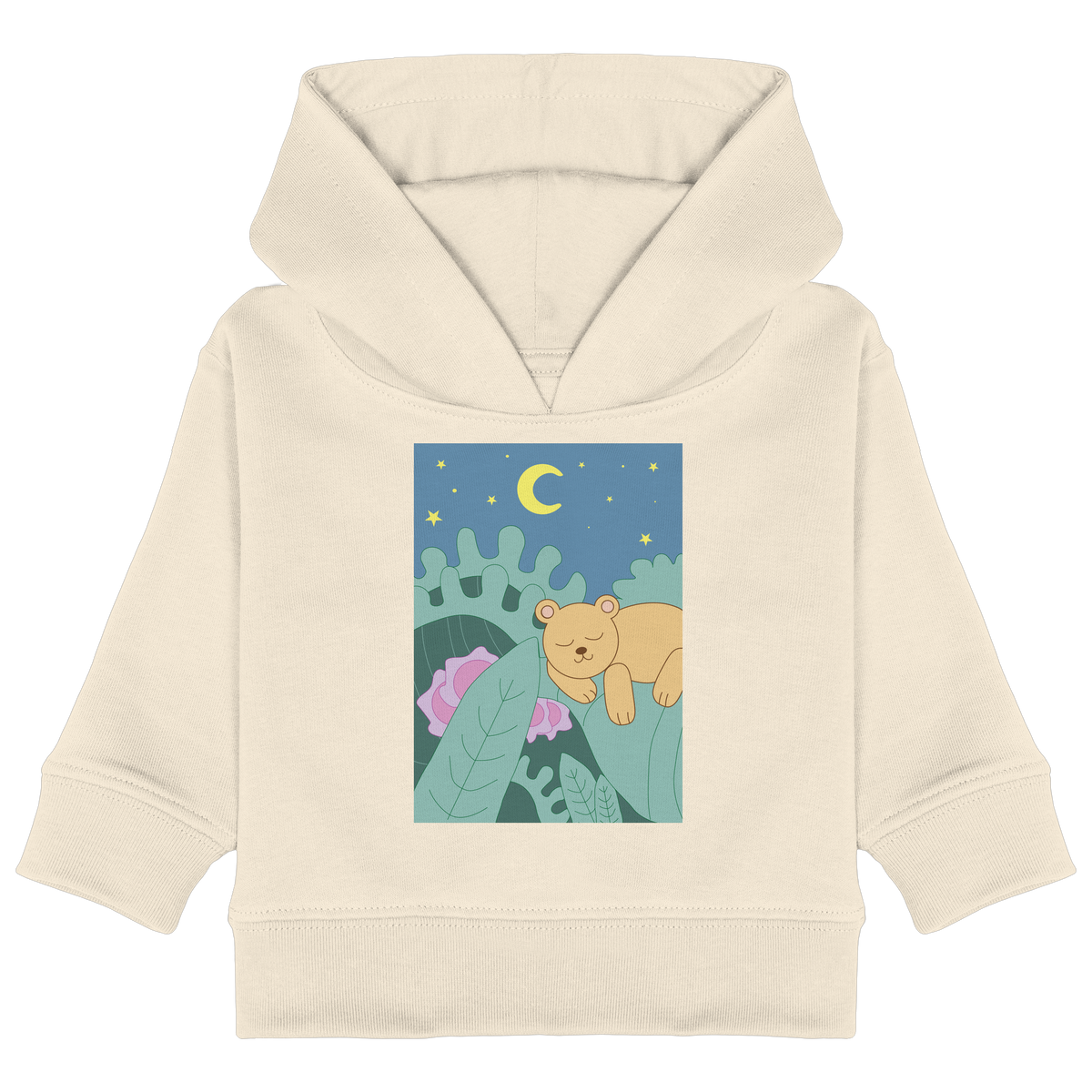 Naturfarbenes Baby Bio-Hoodie mit schlafendem Bärchen unter Sternen von JUPek Studio