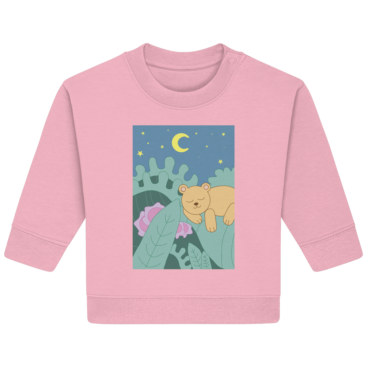 Rosafarbenes Baby Bio-Sweatshirt mit schlafendem Bärchen unter Sternen von JUPek Studio