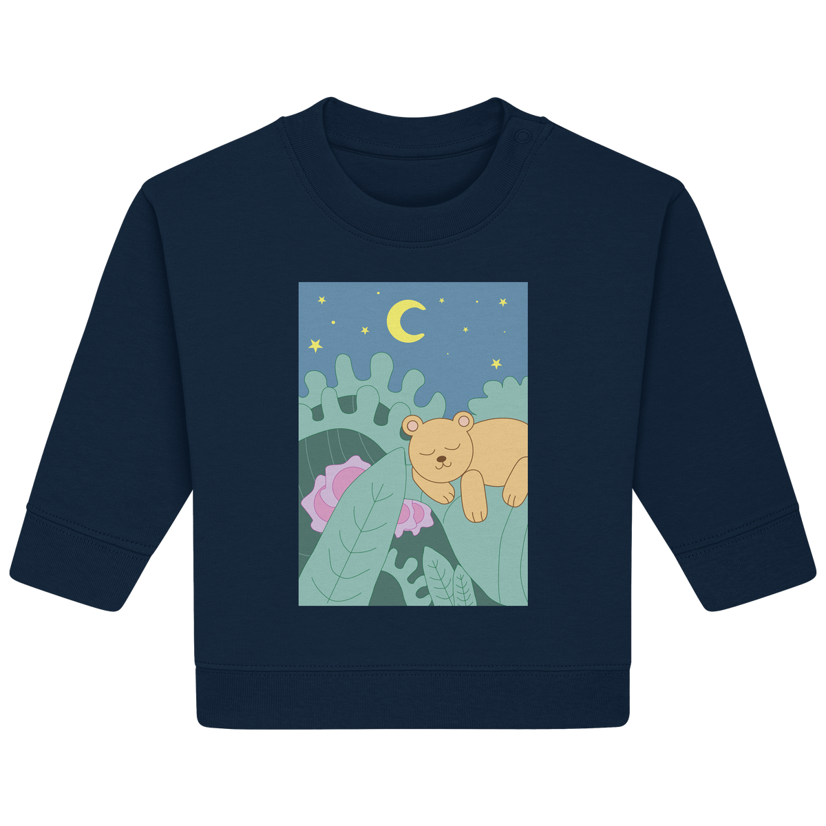 Dunkelblaues Baby Bio-Sweatshirt mit schlafendem Bärchen unter Sternen von JUPek Studio
