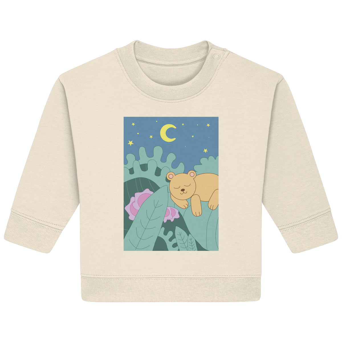 Naturfarbenes Baby Bio-Sweatshirt mit schlafendem Bärchen unter Sternen von JUPek Studio