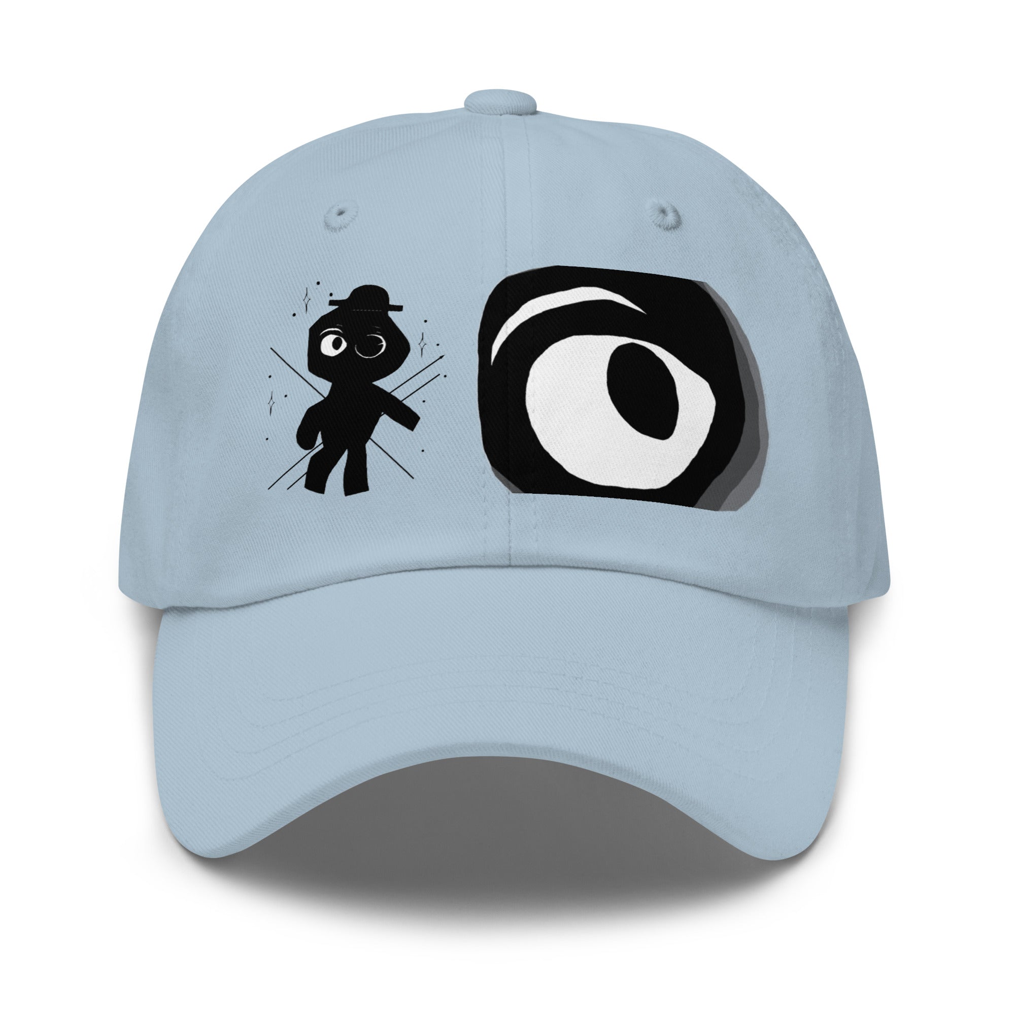 hellblaue Schirmmütze mit illustrativer Figur in schwarz