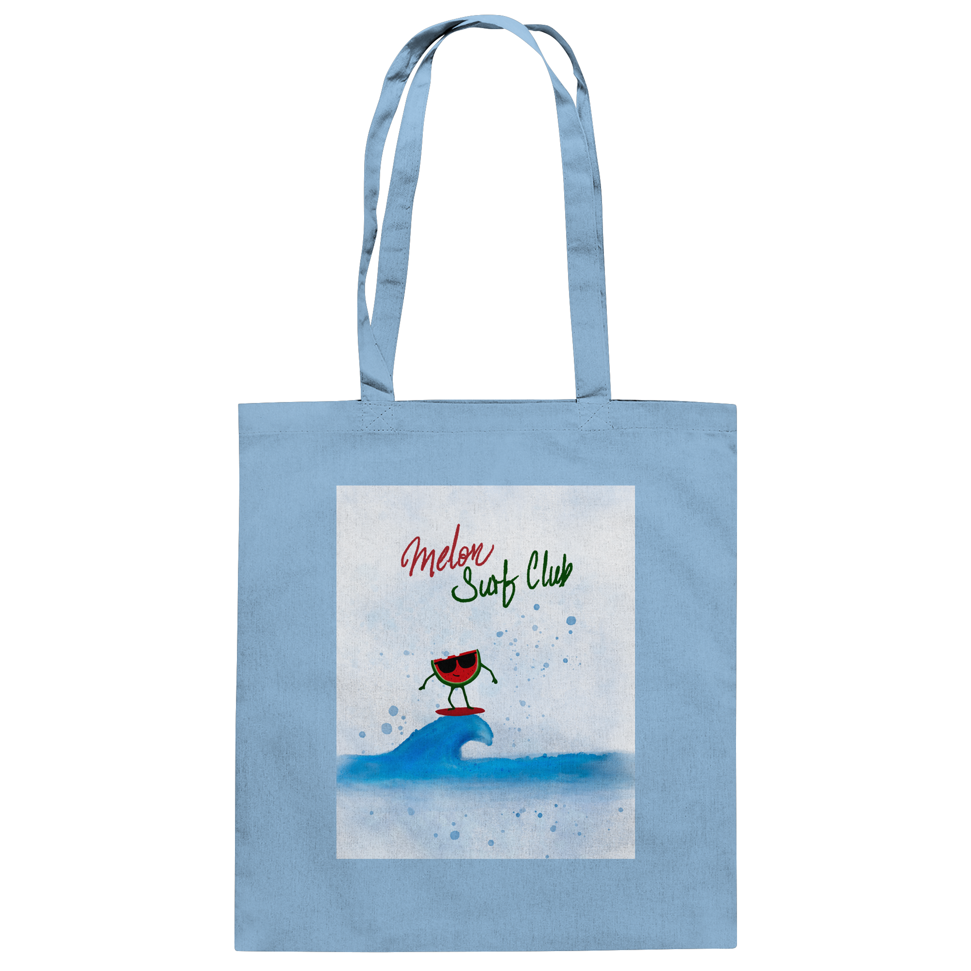 Hellblaue Baumwolltasche mit Melon Surf Club Illustration und Wassermelonen-Surfer Motiv von JUPek Studio