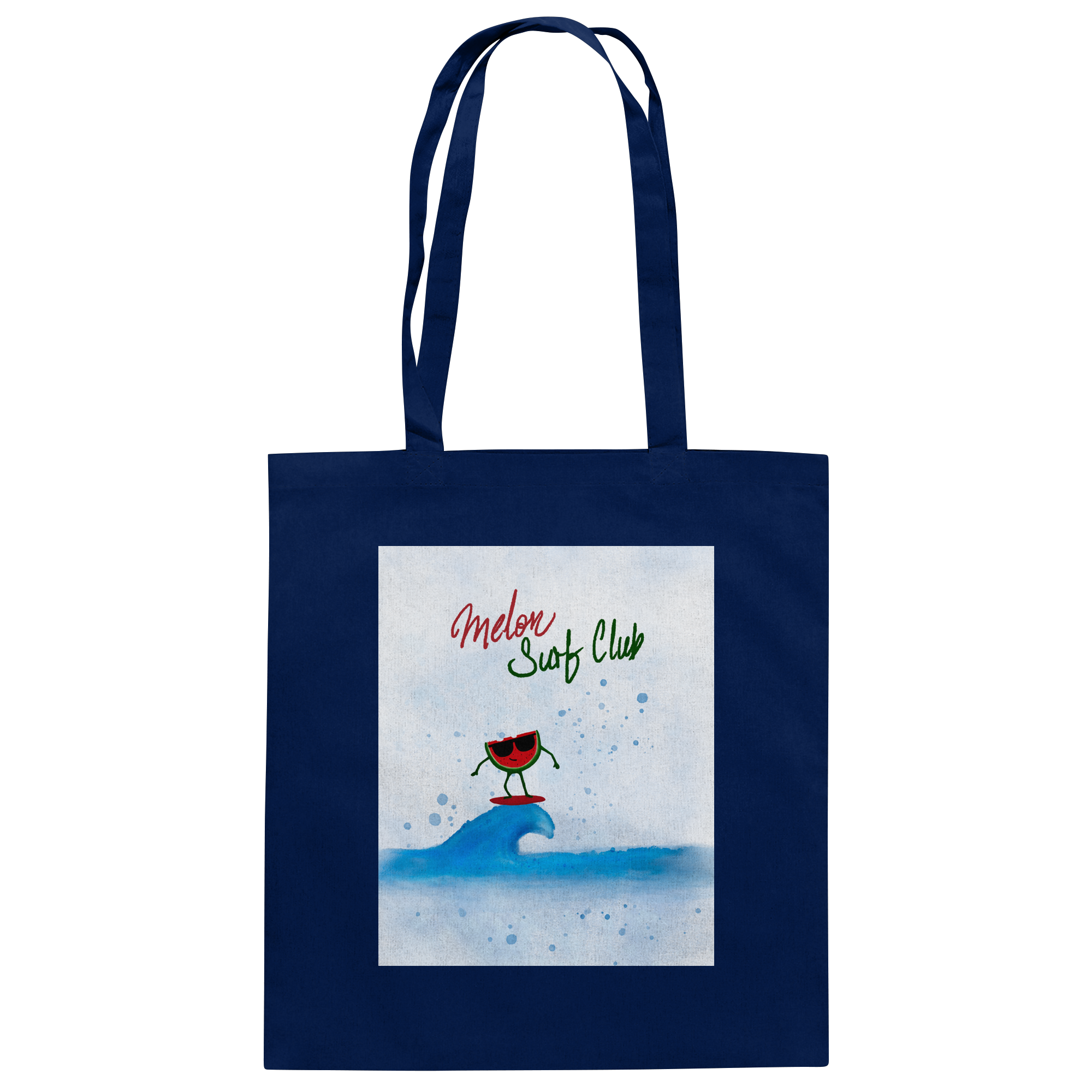 Hellblaue Baumwolltasche mit Melon Surf Club Illustration und Wassermelonen-Surfer Motiv von JUPek Studio
