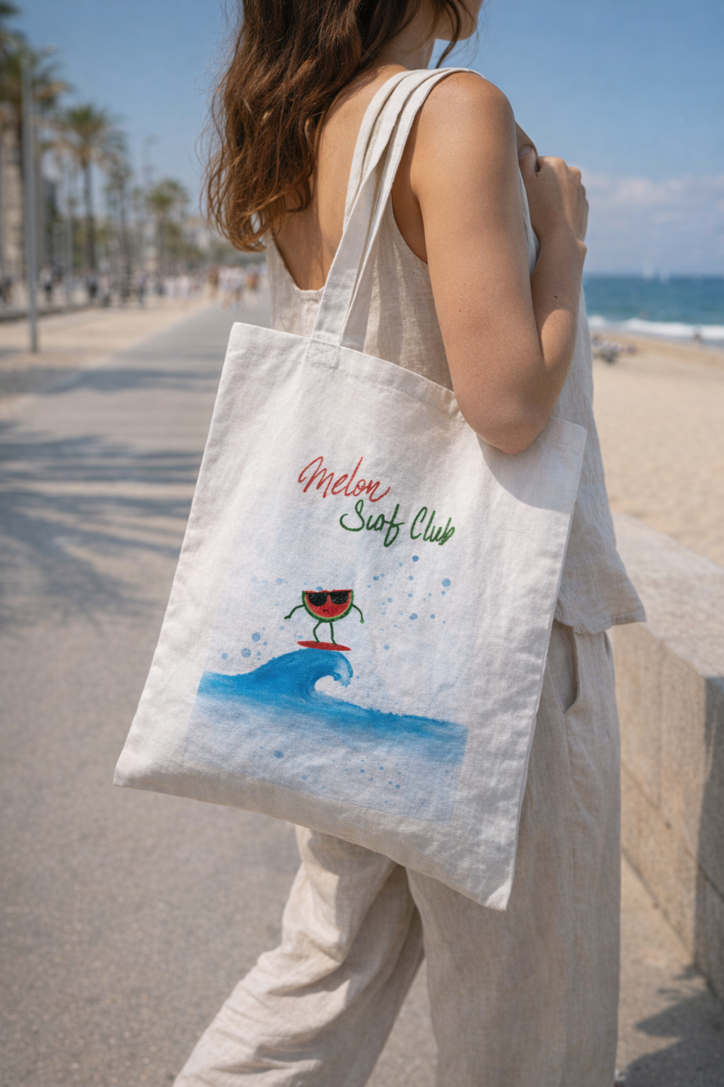 Frau trägt Melon Surf Club Baumwolltasche mit Wassermelonen-Surfer Illustration auf einer sonnigen Strandpromenade