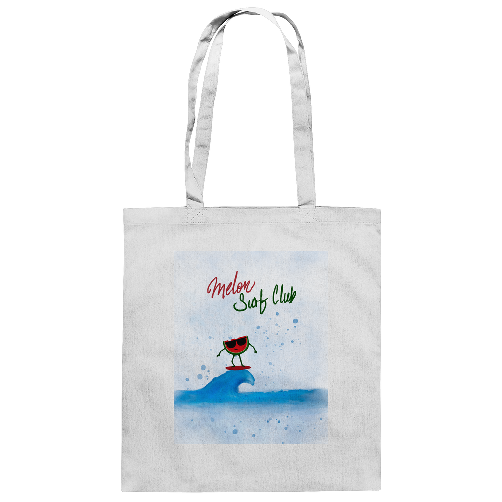 Weiße Baumwolltasche mit Melon Surf Club Illustration und Wassermelonen-Surfer Motiv von JUPek Studio