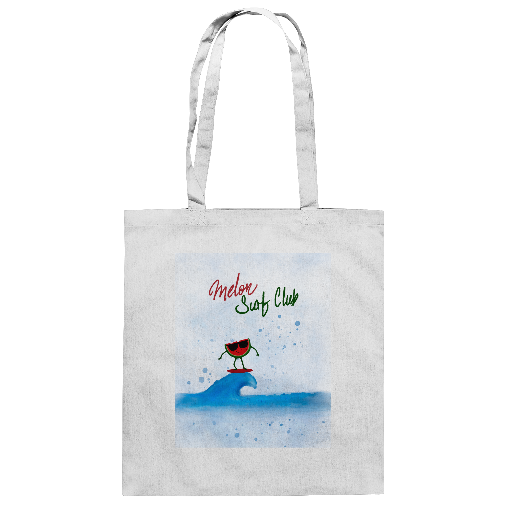 Weiße Baumwolltasche mit Melon Surf Club Illustration und Wassermelonen-Surfer Motiv von JUPek Studio