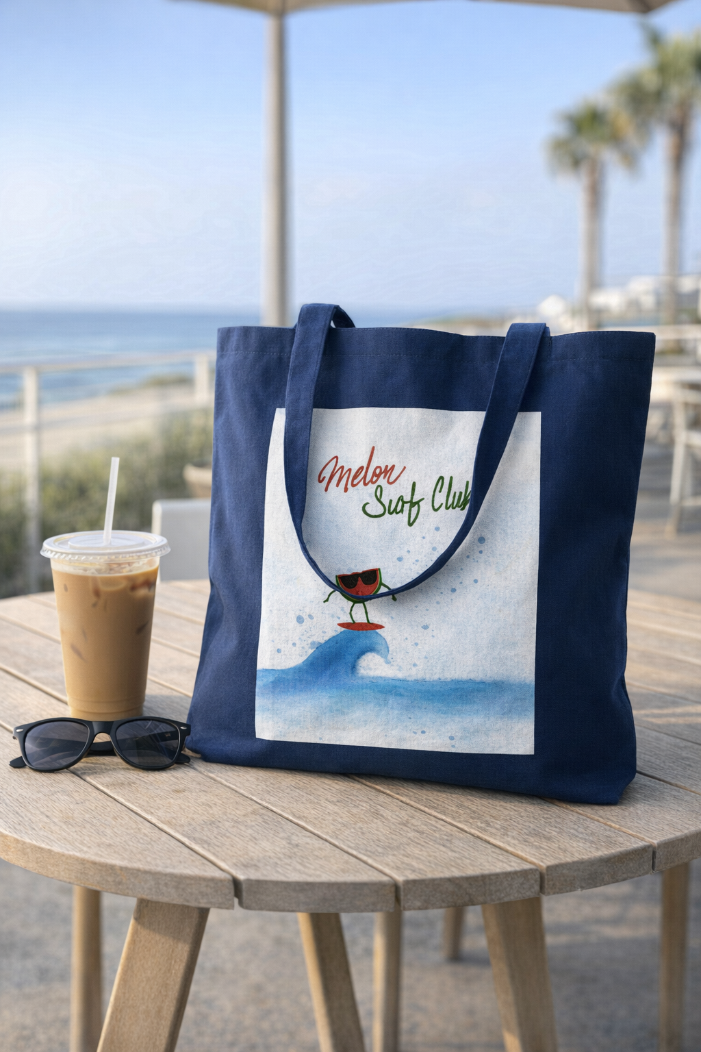 Dunkelblaue Melon Surf Club Tote Bag mit Wassermelonen-Surfer Illustration in einem Café am Strand