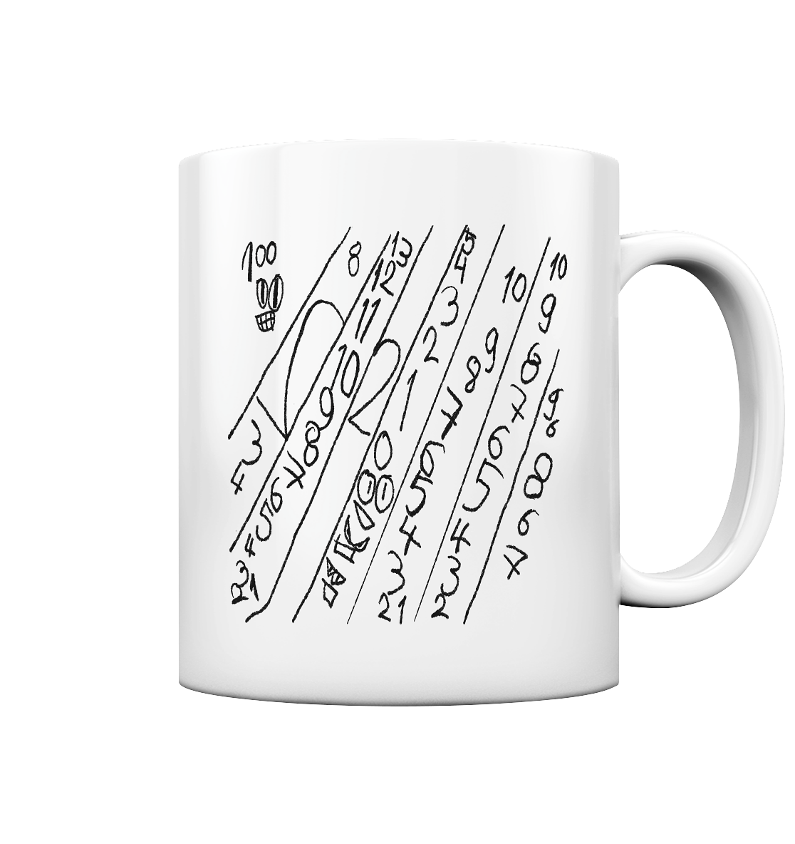 Weiße Keramiktasse mit handgezeichnetem Numeric-Drift-Zahlenmotiv von JUPek Studio