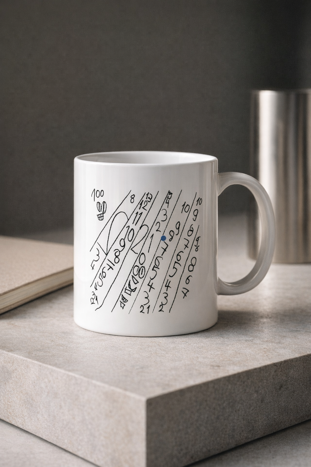 Weiße Numeric-Drift-Keramiktasse von JUPek Studio auf modernem Steinsockel im minimalistischen Interior-Stil