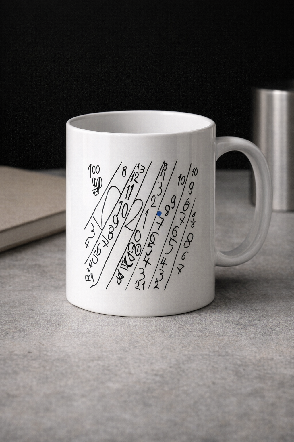 Keramiktasse mit handgezeichnetem Numeric-Drift-Design in modernem, minimalistischem Wohnambiente
