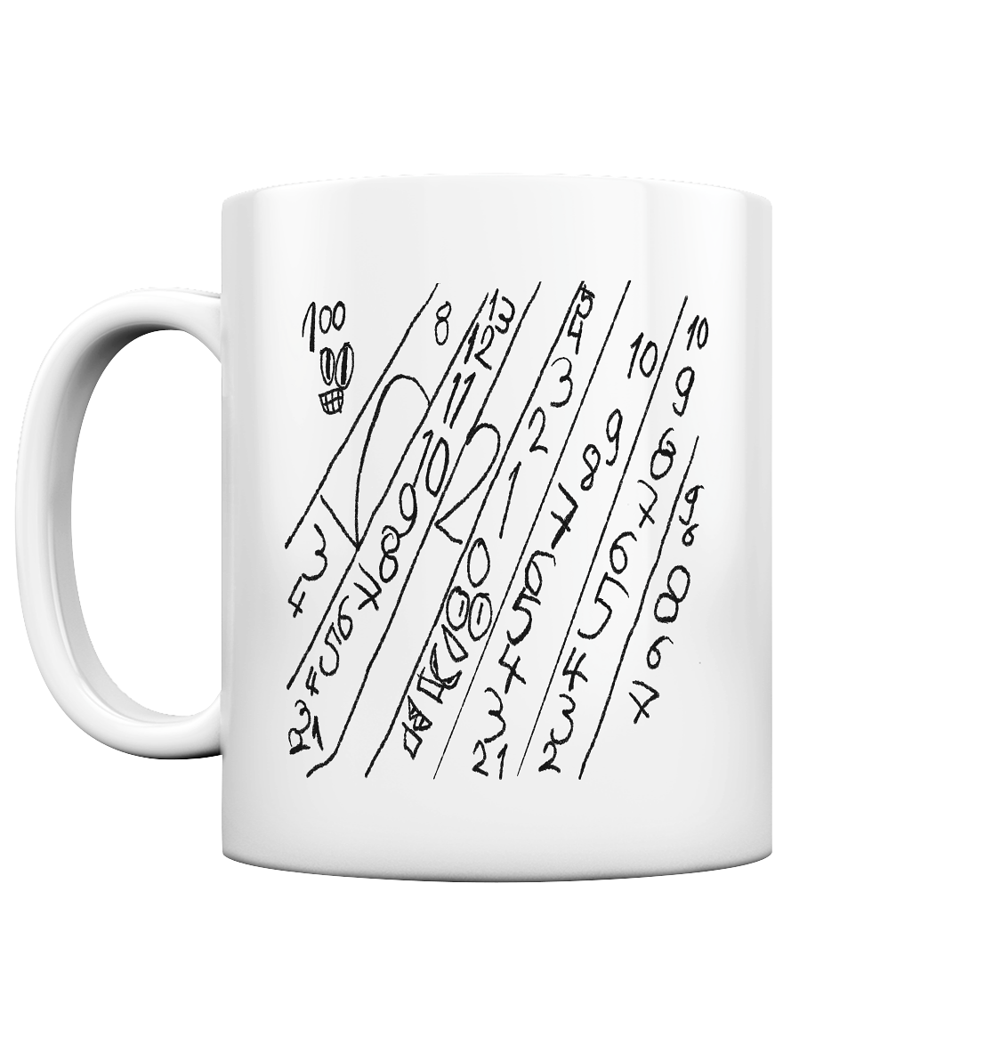 Keramiktasse mit abstraktem Numeric-Drift-Design im minimalistischen Schwarz-Weiß-Grafikstil