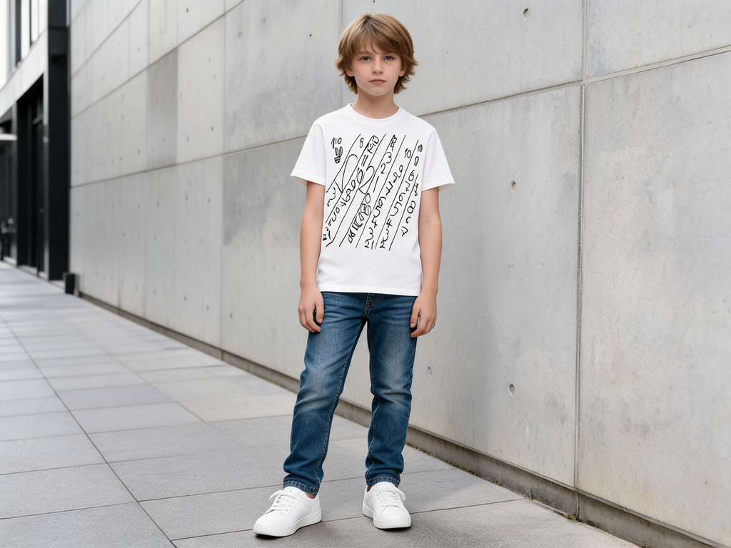 Kind trägt weißes Numeric-Drift-Kinder-T-Shirt mit handgezeichnetem Zahlenmotiv in urbanem Streetwear-Look
