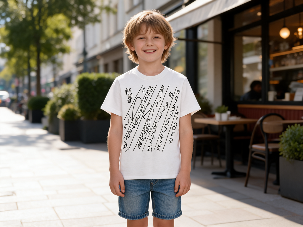 Junge mit weißem Numeric-Drift-T-Shirt von JUPek Studio im modernen Outdoor-Lifestyle-Mockup