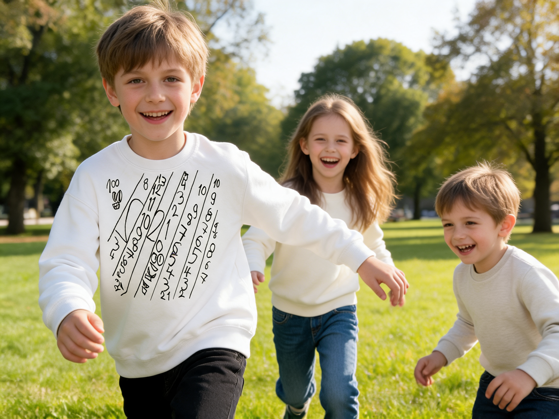 Kind trägt weißes Numeric-Drift-Kinder-Sweatshirt mit grafischem Zahlenmotiv im Outdoor-Lifestyle-Setting
