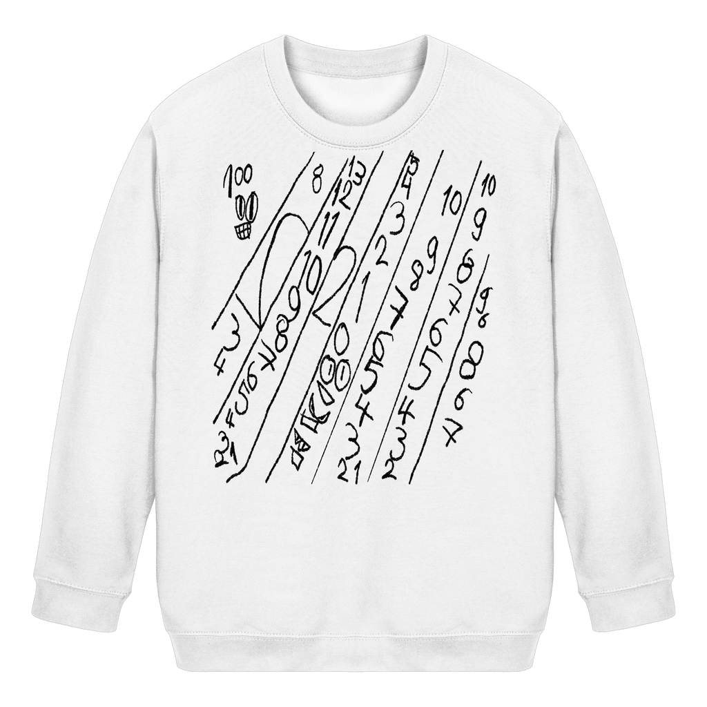 Weißes Kinder-Sweatshirt mit handgezeichnetem Numeric-Drift-Zahlenmotiv von JUPek Studio