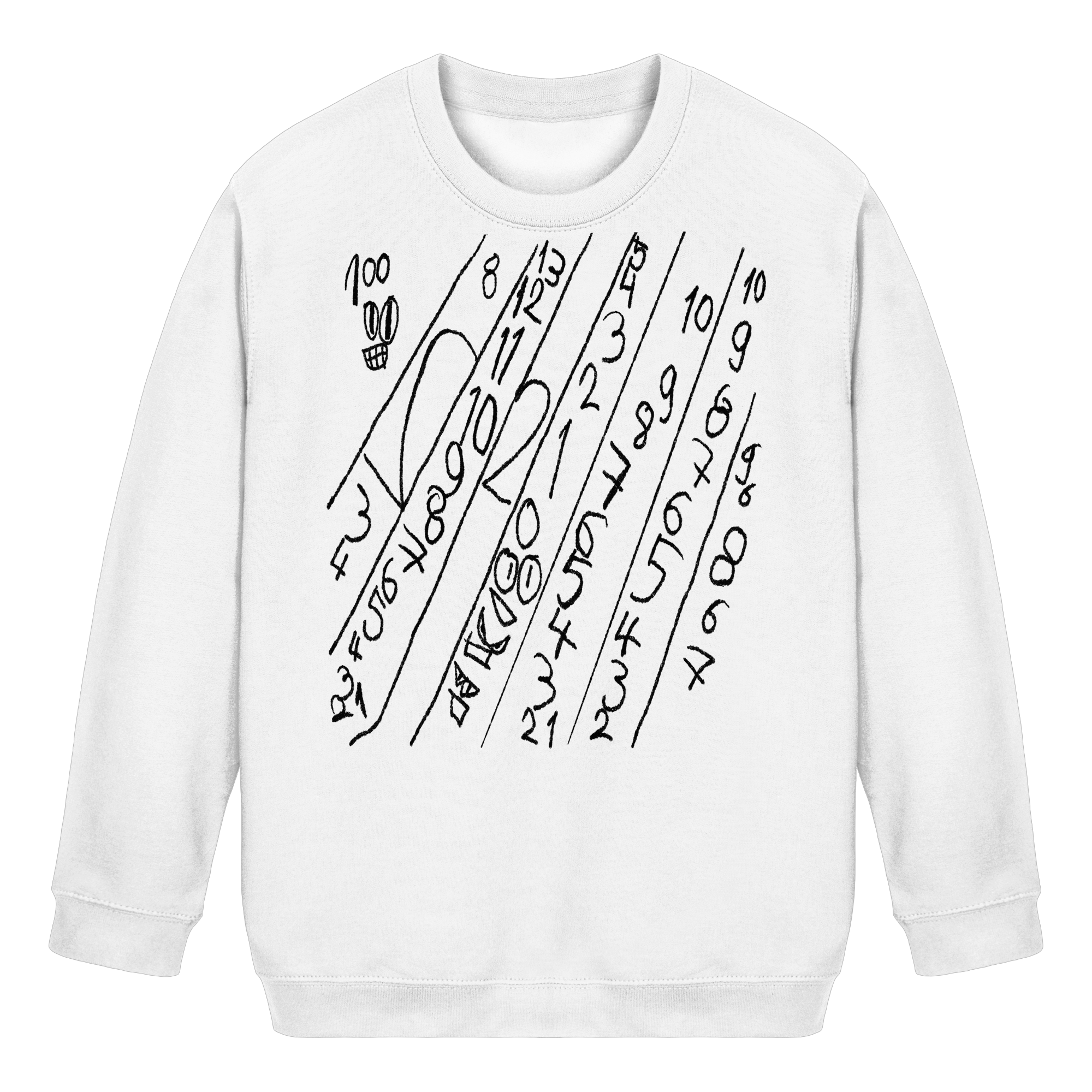 Weißes Kinder-Sweatshirt mit handgezeichnetem Numeric-Drift-Zahlenmotiv von JUPek Studio
