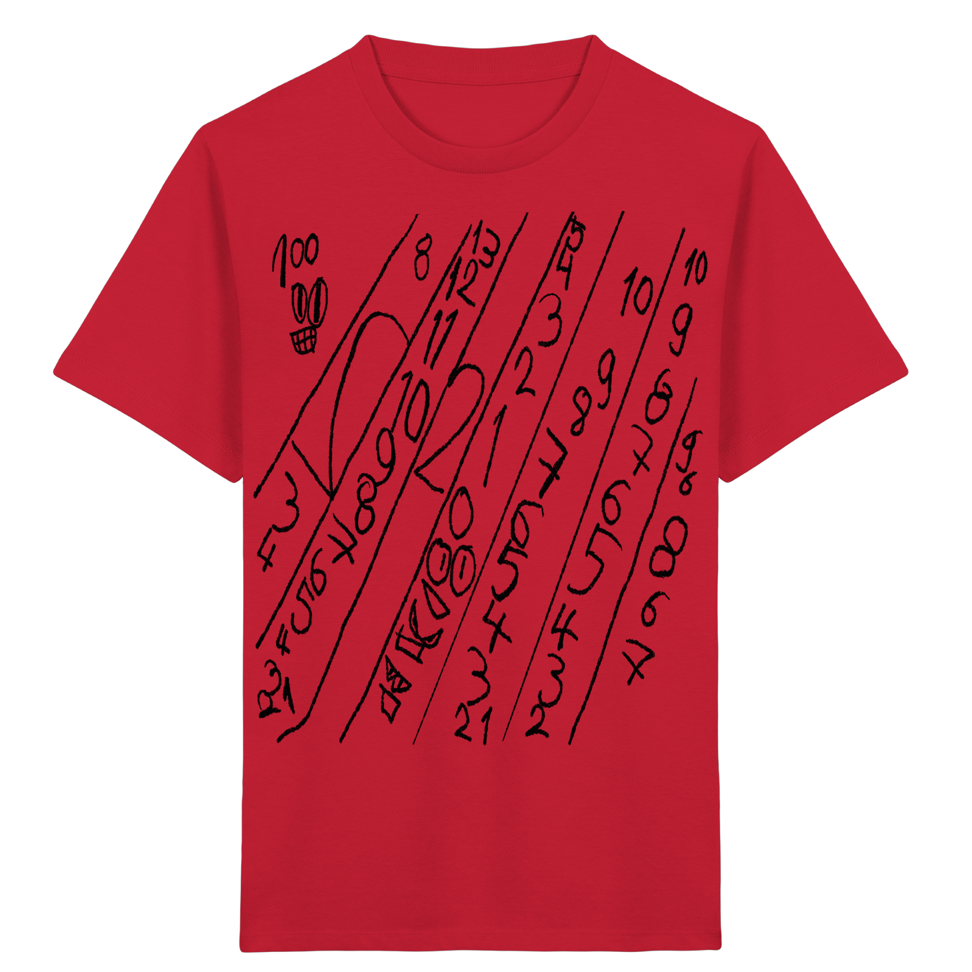 Rotes Kinder T-Shirt mit kontrastreichem Numeric-Drift-Motiv von JUPek Studio