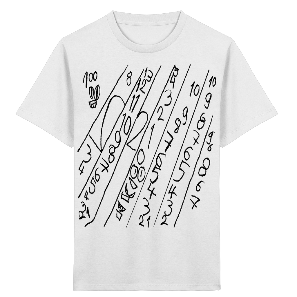 Weißes Kinder T-Shirt mit handgezeichnetem Numeric-Drift-Motiv aus Zahlen und abstrakten Linien von JUPek Studio