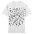 Weißes Kinder T-Shirt mit handgezeichnetem Numeric-Drift-Motiv aus Zahlen und abstrakten Linien von JUPek Studio