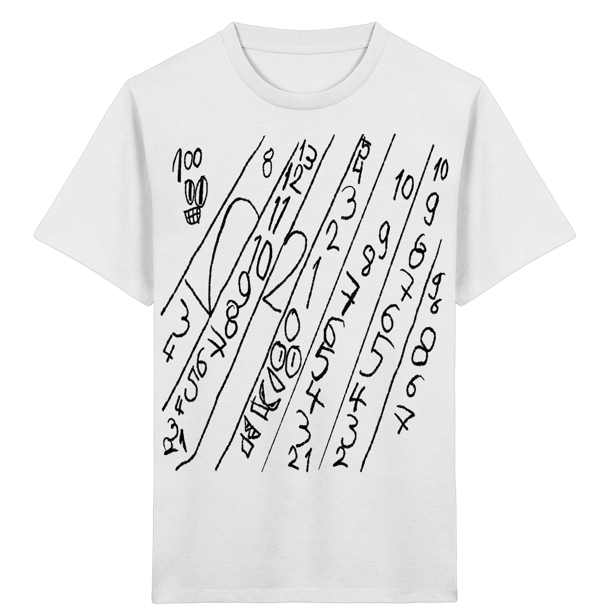 Weißes Kinder T-Shirt mit handgezeichnetem Numeric-Drift-Motiv aus Zahlen und abstrakten Linien von JUPek Studio