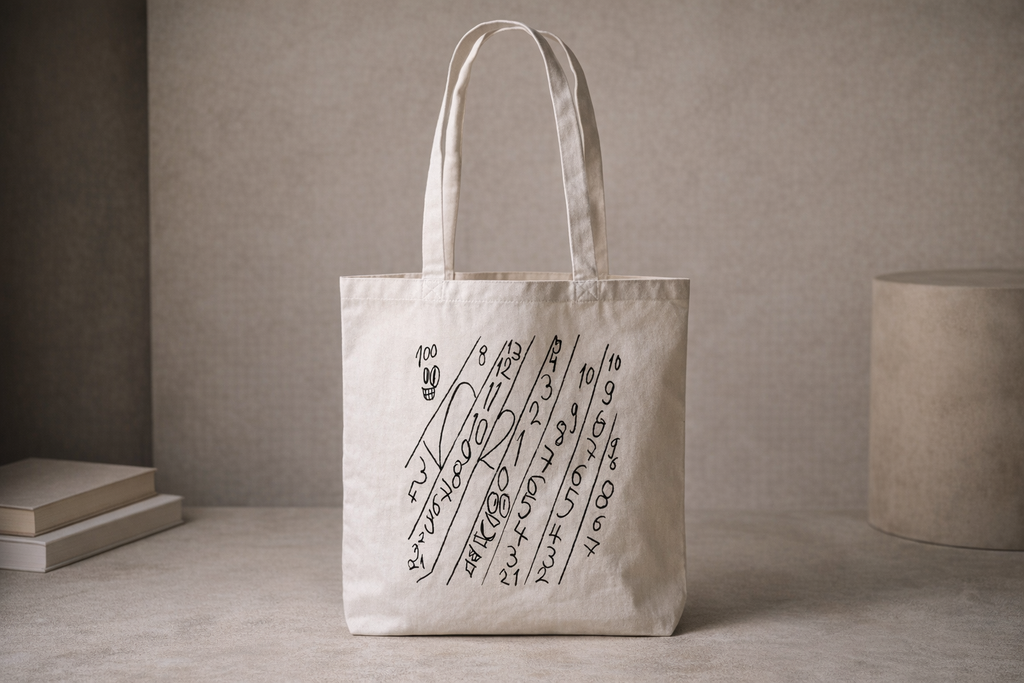 Cremefarbene Tote Bag mit handgezeichnetem Numeric-Drift-Design von JUPek Studio
