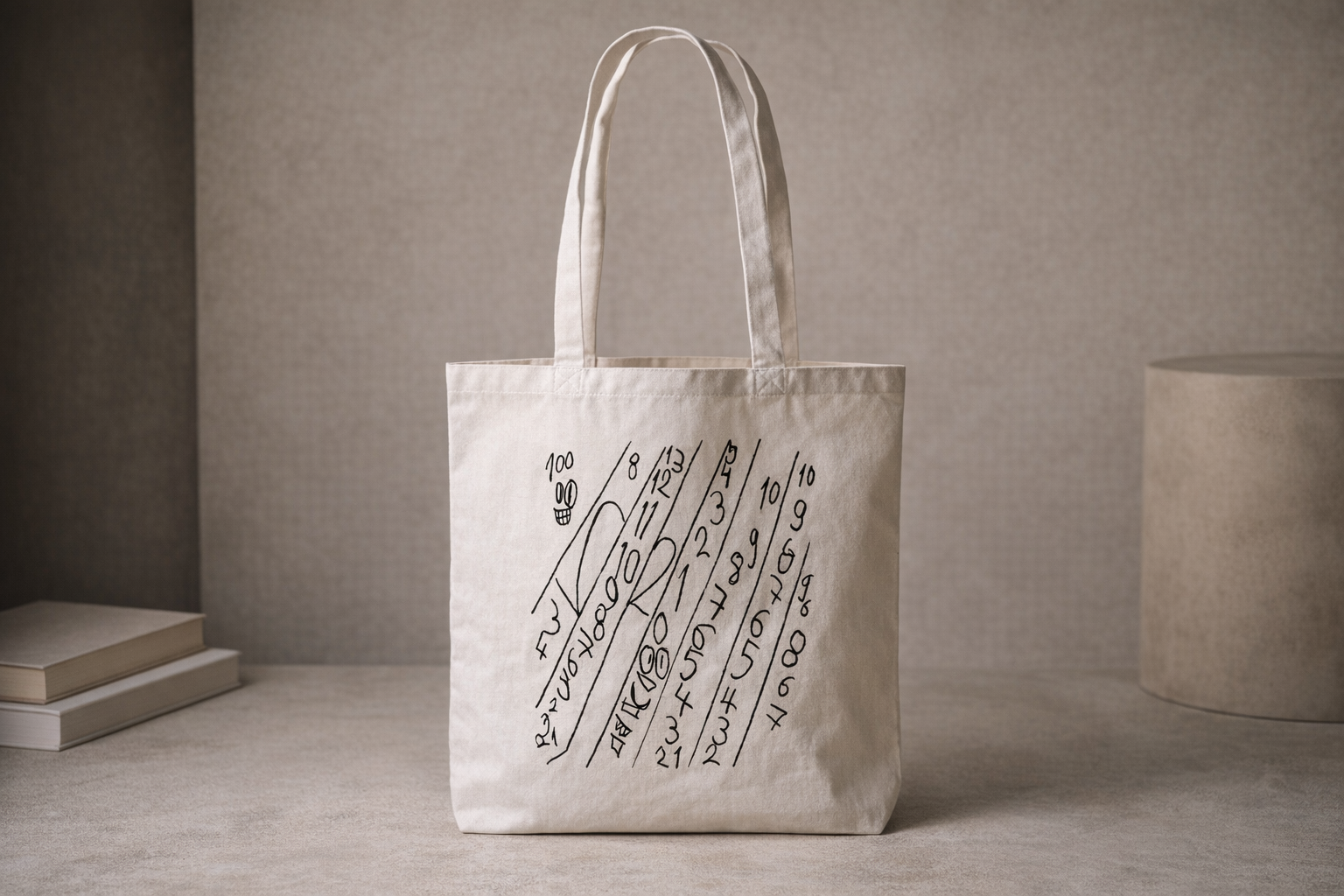 Cremefarbene Tote Bag mit handgezeichnetem Numeric-Drift-Design von JUPek Studio