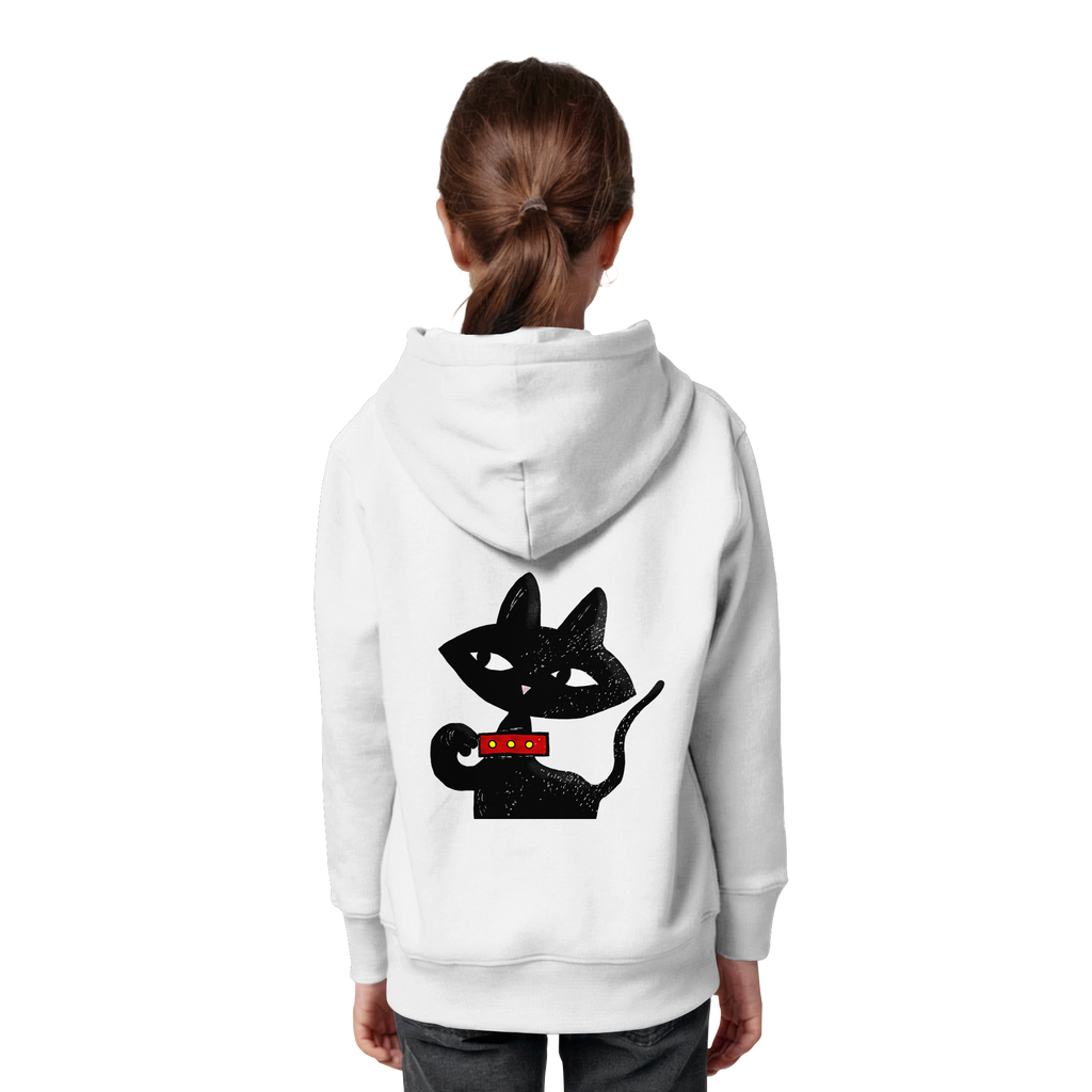 Kind trägt weißen Hoodie mit großer schwarzer Katzenillustration auf dem Rücken von JUPek Studio
