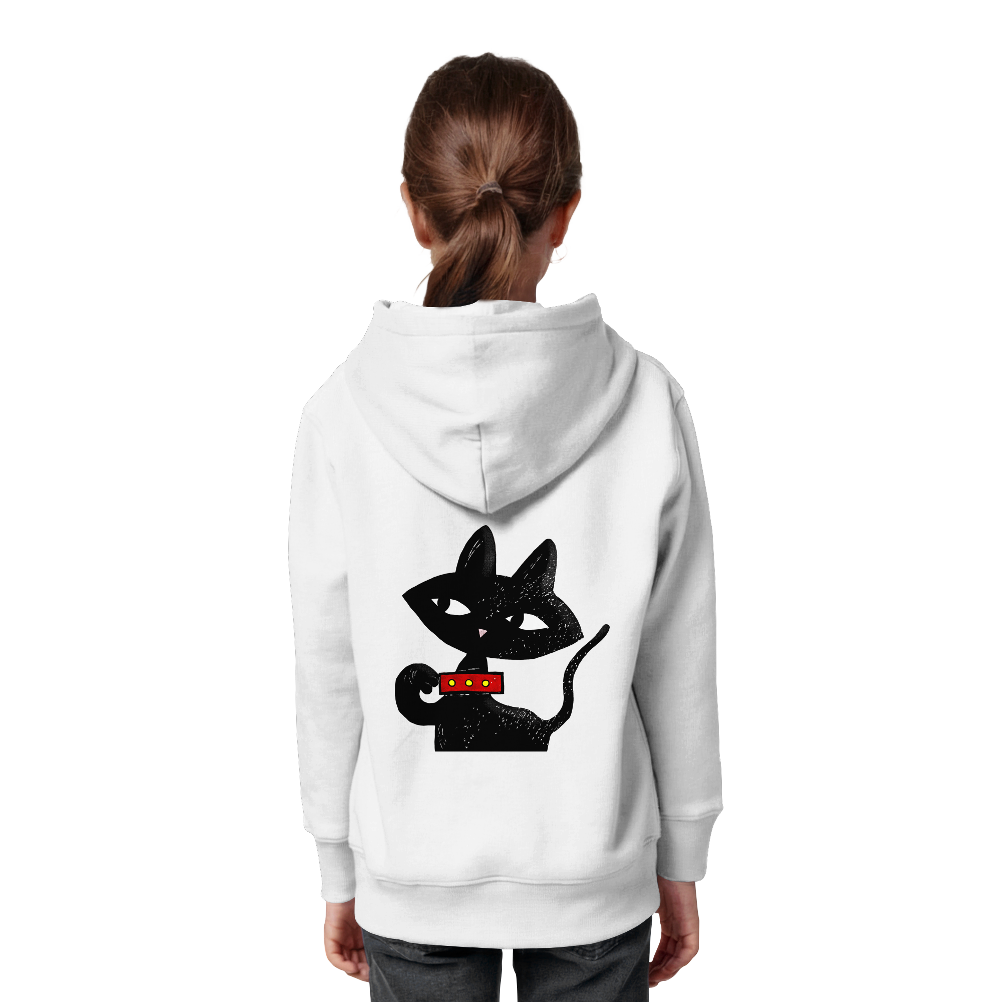 Kind trägt weißen Hoodie mit großer schwarzer Katzenillustration auf dem Rücken von JUPek Studio