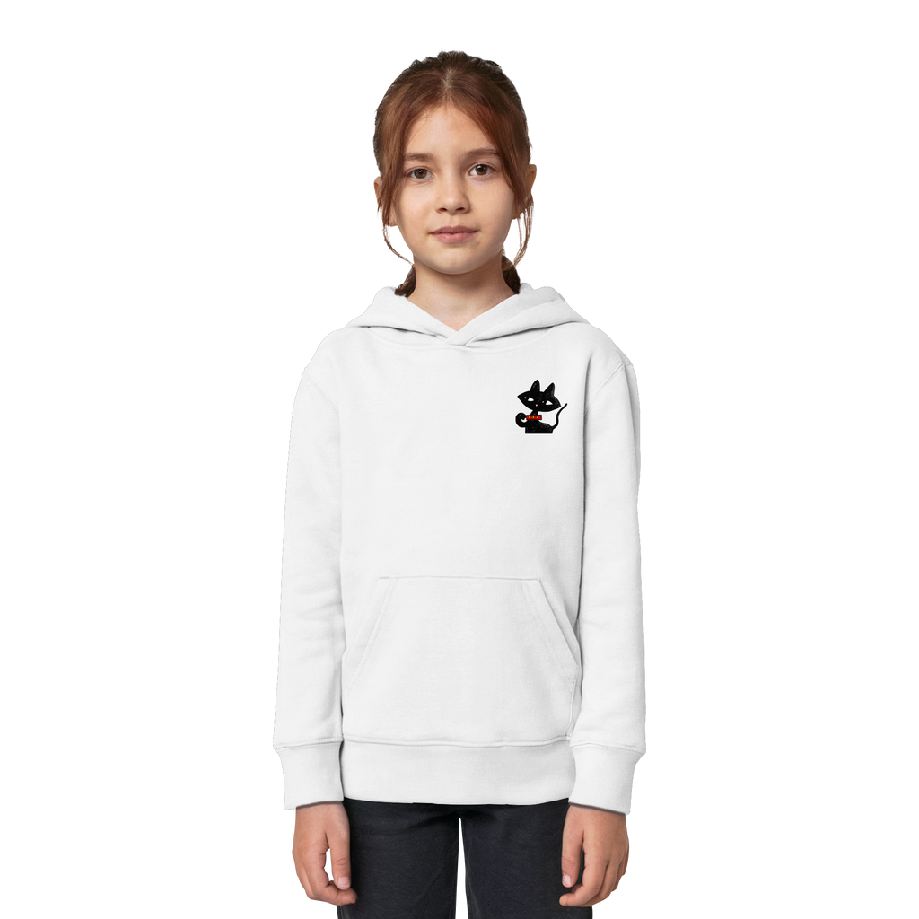 Kind trägt weißen Hoodie mit schwarzem Katzenmotiv und grafischer Illustration von JUPek Studio