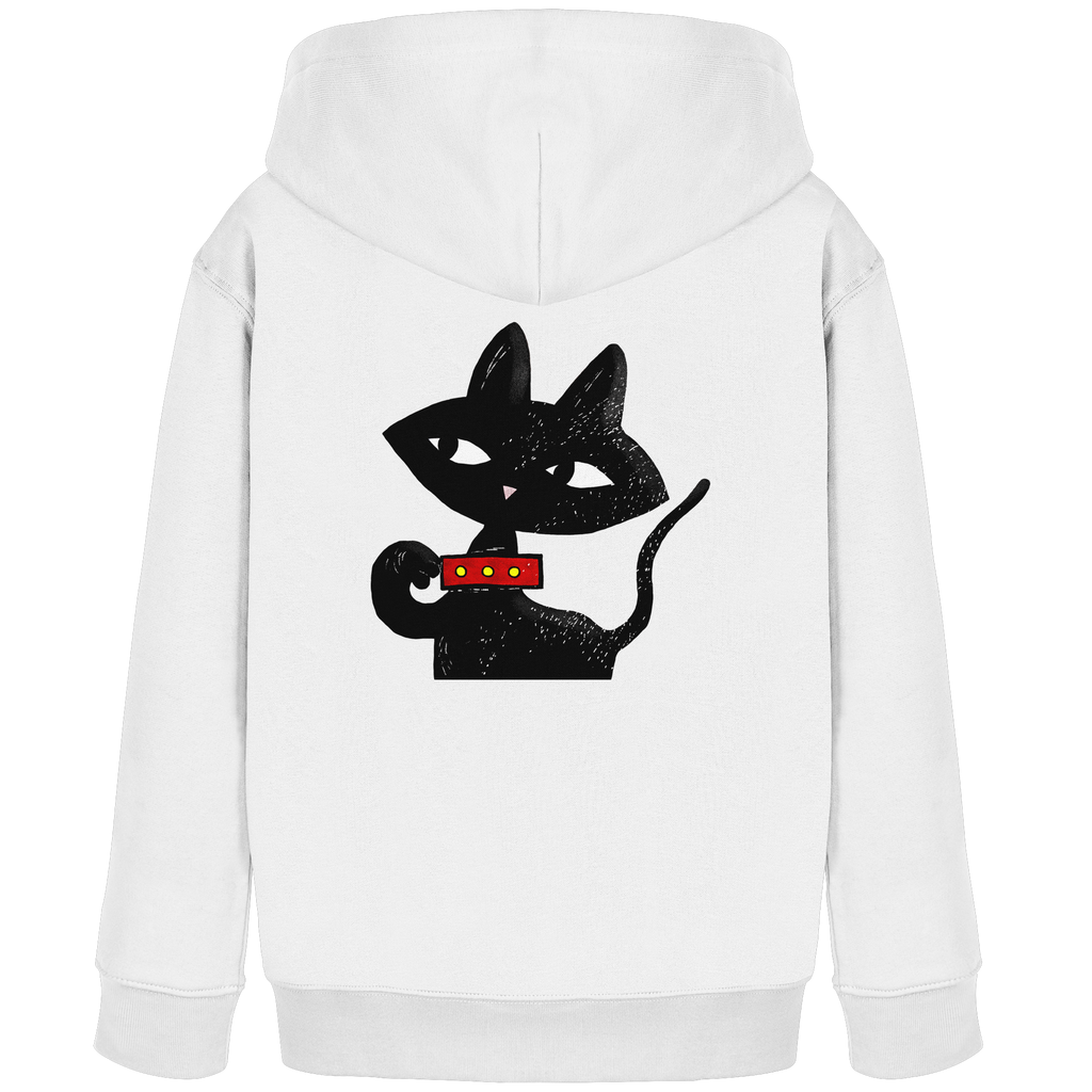 Weißer Kinder-Hoodie mit großer schwarzer Katzenillustration auf der Rückseite im modernen Graphic-Style