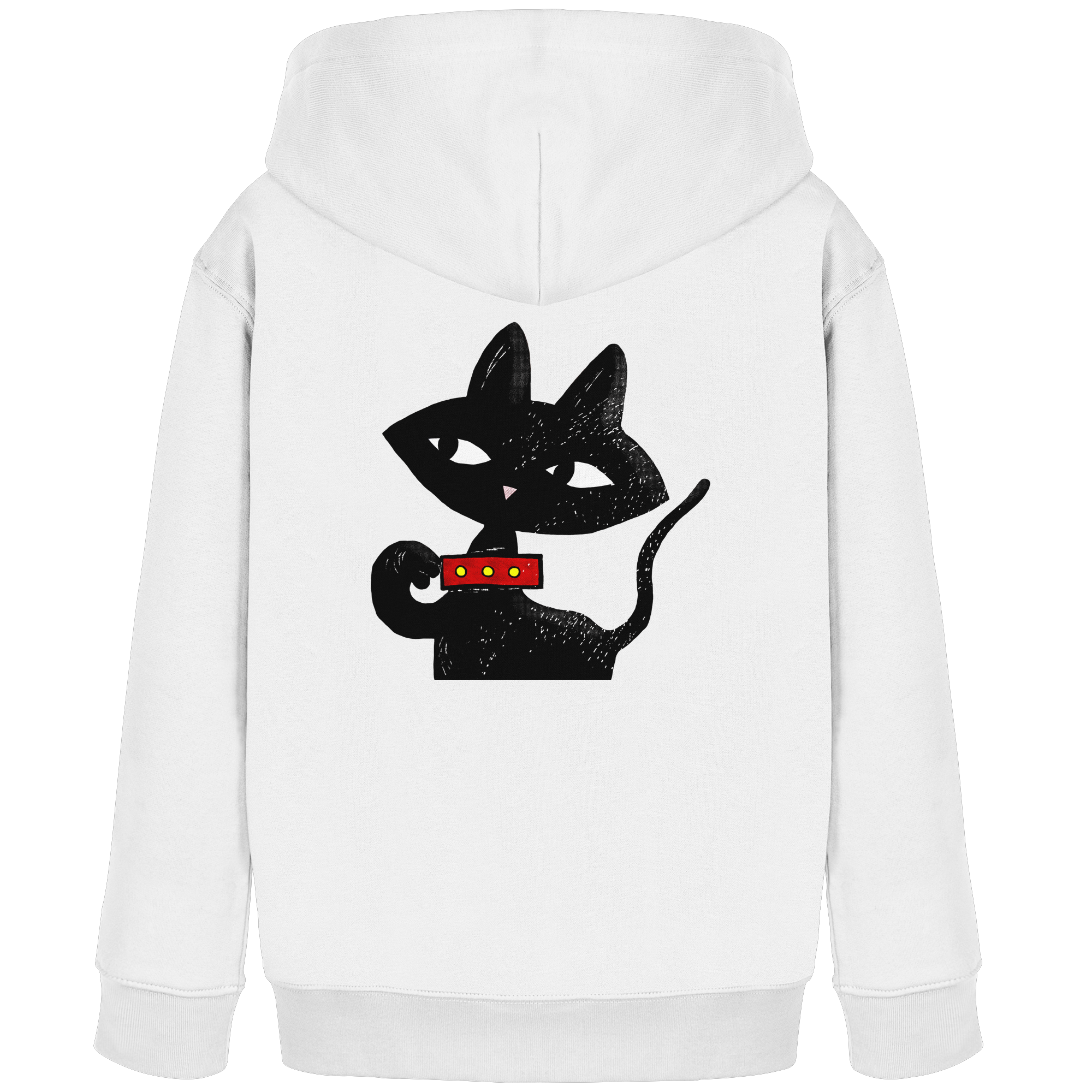 Weißer Kinder-Hoodie mit großer schwarzer Katzenillustration auf der Rückseite im modernen Graphic-Style