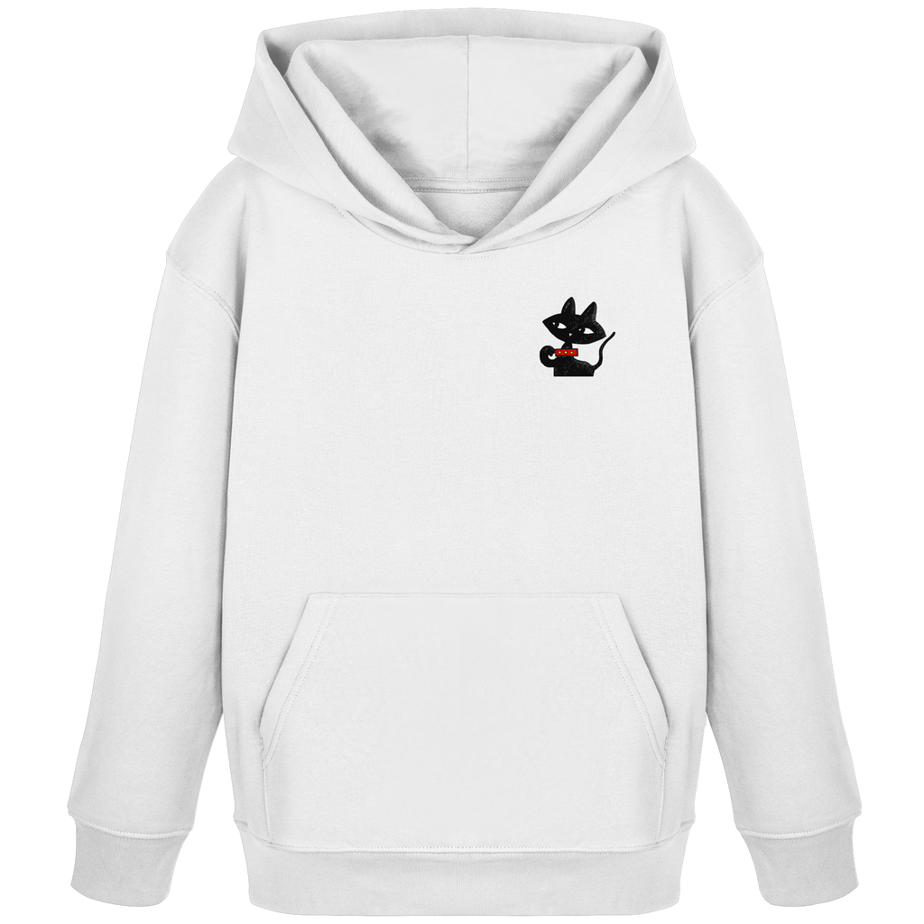 Weißer Kinder-Hoodie mit kleiner schwarzer Katzenillustration im minimalistischen Artwear-Stil von JUPek Studio