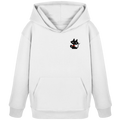 Weißer Kinder-Hoodie mit kleiner schwarzer Katzenillustration im minimalistischen Artwear-Stil von JUPek Studio