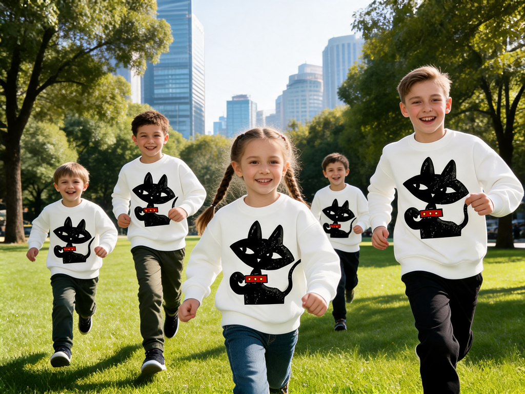 Kinder mit weißen Sweatshirts und schwarzem Katzenmotiv von JUPek Studio im modernen Outdoor-Mockup